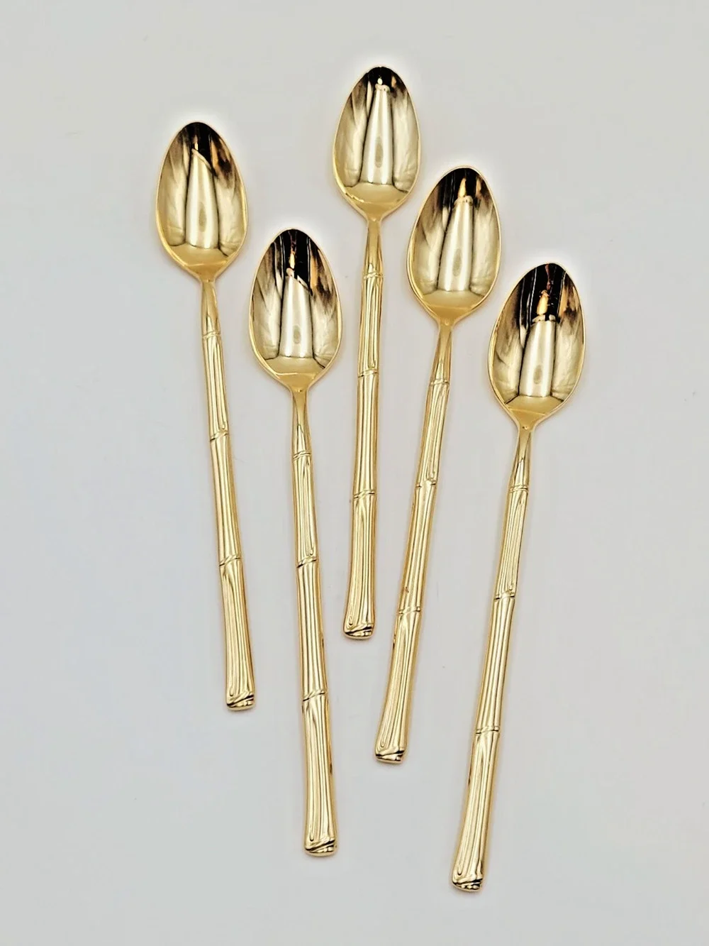 Set 5 National Escapade Iced Tea Spoon Gold Plated Bamboo Style Handle